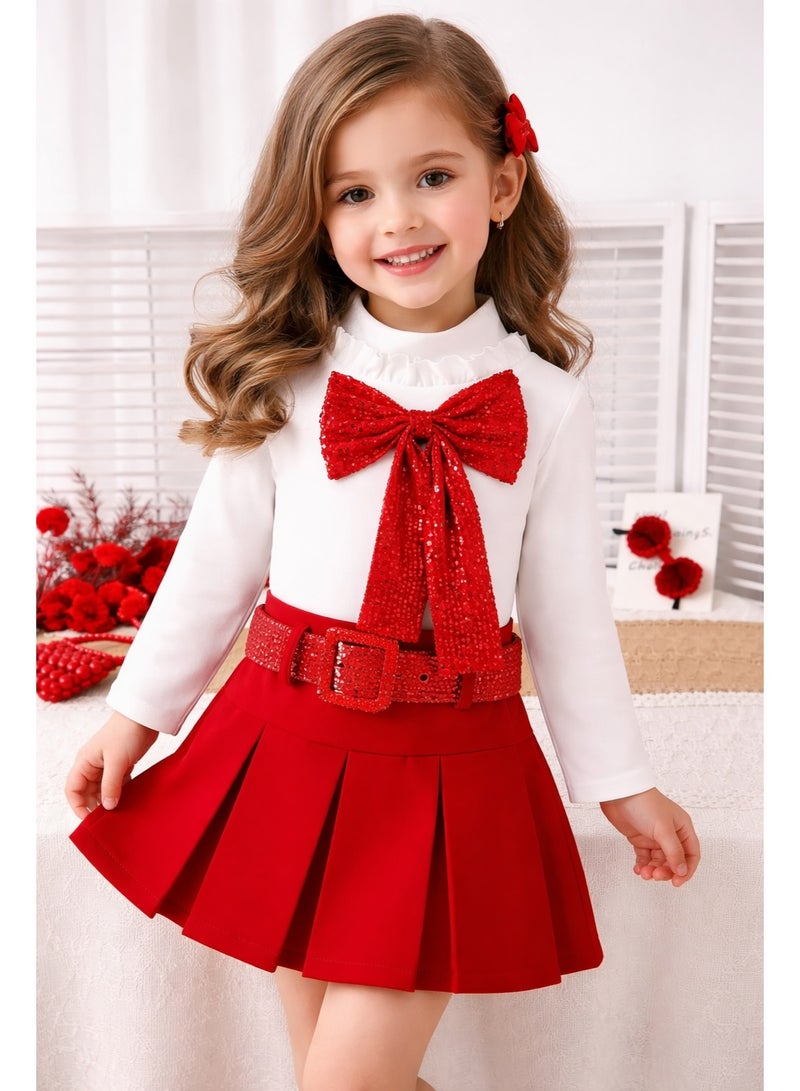 Smarties AE Girls Two Piece Set, Long Sleeve Bow Turtleneck Top with Pleated Skirt, White and Red, Children's Boutique Clothing - Image 1